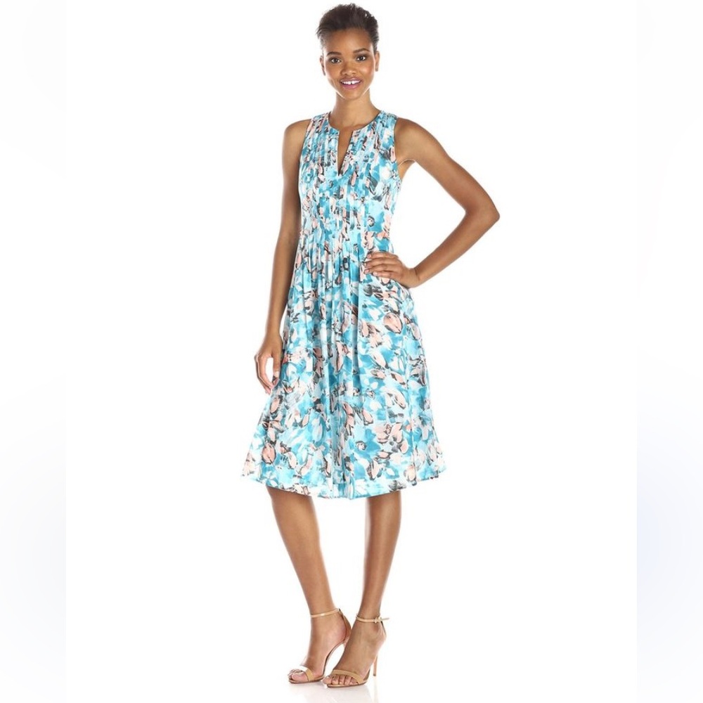 Rebecca Taylor poolside Retro pleated  Blue  Floral  100 % cotton dress size 6
